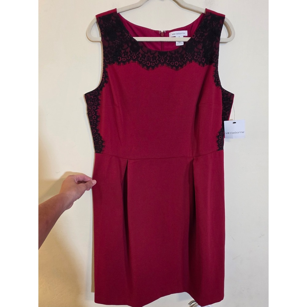 Liz Claiborne Red Lace Trim Sleeveless Sheath Dress Size 16 NWT
